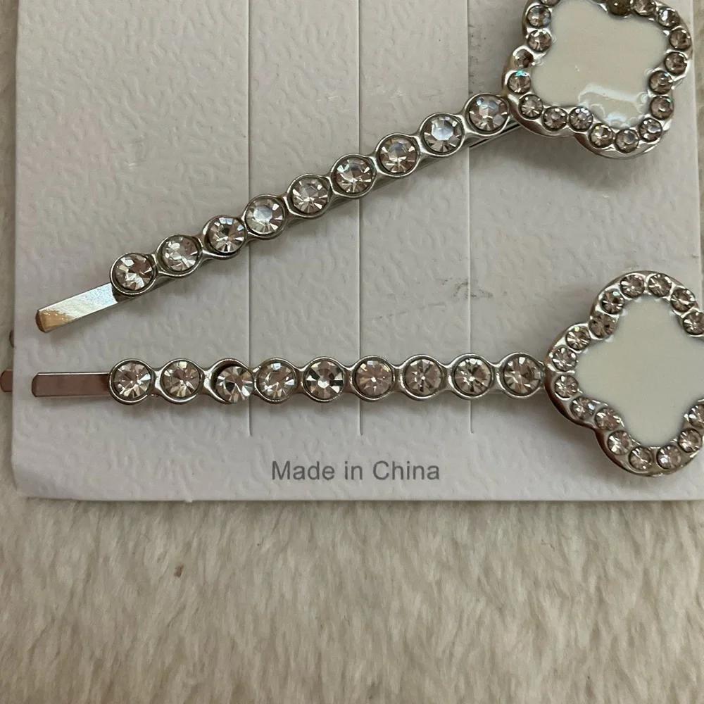 Crystal & White Enamel Clover Hair Pins - Set of 2